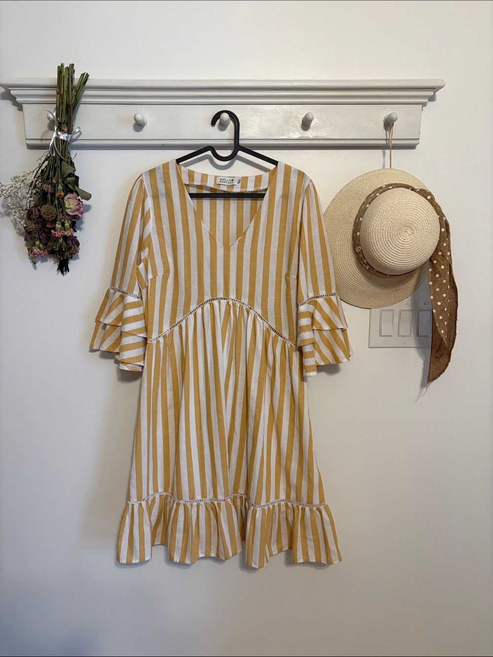 Molly Bracken Yellow & White Striped Ruffle Dress